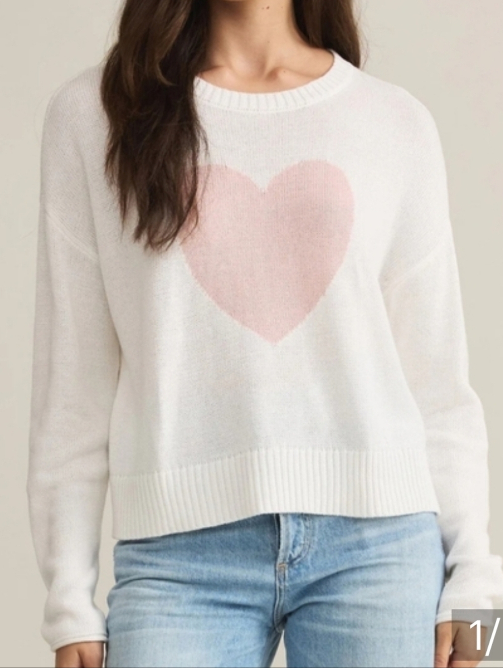 Z Supply Sienna White Sweater with Pink Heart - Women's Pullover L